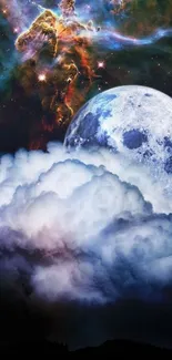 Surreal moon with colorful nebula and clouds in space art wallpaper.