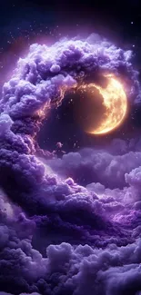 Purple clouds forming around a bright full moon in a night sky.