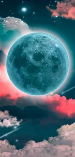 Moon with pink clouds in starry sky wallpaper.