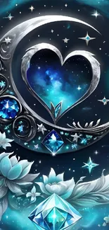 Mystical crescent moon with blue gemstones and floral design.