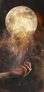 Hand beneath a full moon releasing golden particles against a dark background.