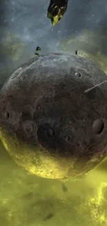 Lunar surface with meteors in a yellow-green space scene.