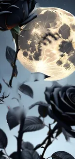 Black roses and full moon in mystical night scene wallpaper.