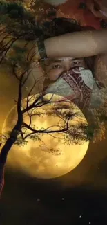 Mystical moon with silhouetted tree and thoughtful figure in dark yellow tones.