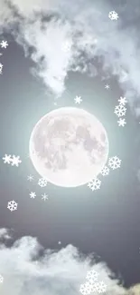 Mobile wallpaper with a moon and snowflakes