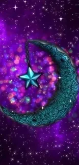 Mystical moon and star in a purple galaxy wallpaper.