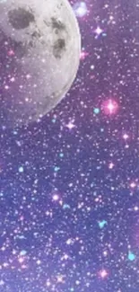 Moon and stars in a purple galaxy wallpaper design.