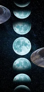 Mystical moon phases and UFOs on a starry night wallpaper.