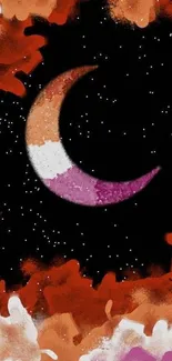 Artistic crescent moon with vibrant orange and starry black backdrop.