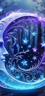 Mystical moon art with stars in blue hues.