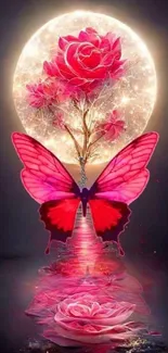 Mystical wallpaper of a moon, roses, and butterfly in pink glow.