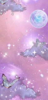 Enchanting pink and purple wallpaper with stars, clouds, butterflies, and a glowing moon.