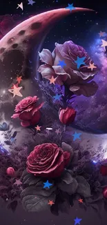 Dark purple moon wallpaper with roses and stars.