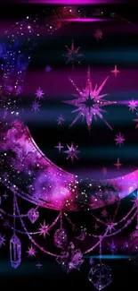 Mystical moon with purple galaxy art on a dark background.