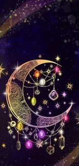 Mystical moon and stars galaxy wallpaper with vibrant cosmic colors.