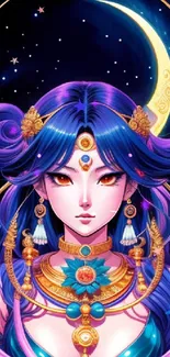 Illustration of a mystical moon goddess with vibrant colors and celestial theme.