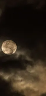 Eerie full moon behind dark clouds, atmospheric wallpaper.