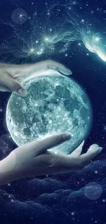 Hands hold glowing moon with starry night sky background.