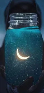 Crescent moon glowing in a starry jar