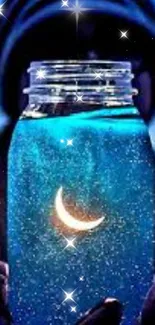 Mobile wallpaper with a glowing moon in a blue jar and sparkling stars.