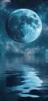 Mystical full moon reflecting over calm waters under a starry sky.