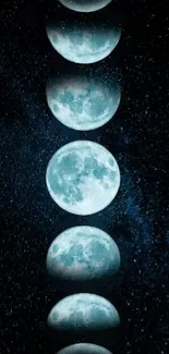 Moon phases mobile wallpaper with dark blue starry sky.