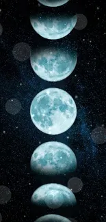 Mobile wallpaper of moon phases against a starry night sky.