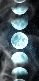 Captivating mobile wallpaper depicting moon phases against a cosmic backdrop.