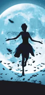 Silhouette of a dancer against a full moon with birds flying.