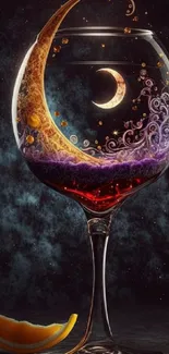 Mystical moon and stars in a wine glass wallpaper.