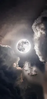 Full moon surrounded by swirling clouds.