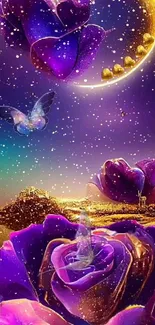 Purple roses and moonlit scene with butterflies in a fantasy wallpaper.