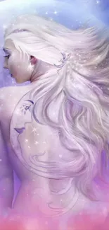 Mystical woman with flowing hair in celestial moonlight design.