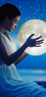 Woman holding glowing moon with starry background mobile wallpaper.