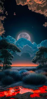 Mystical moonlit landscape with trees and water reflections.