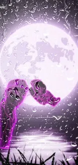 Mystical moonlight reflection with raindrops in purple hues, perfect for phones.