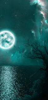 Luminous full moon in mystical teal night sky with shimmering water.