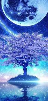 Mystical tree under a glowing full moon with vibrant blue and purple hues.