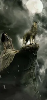 Wolf and woman under moonlight on a cliff in a mystical fantasy scene.