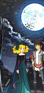 Animated characters under a full moon in a mystical night scene.