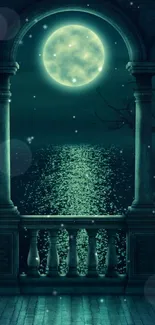 Mystical balcony with a moonlit ocean view and roses under the full moon.