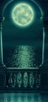 Moonlit balcony view with sea and pink flowers, perfect for a mystical night wallpaper.