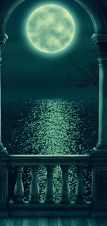 Moonlit balcony with reflective water scene under a teal night sky.