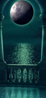 Mystical moonlit balcony with serene teal glow.