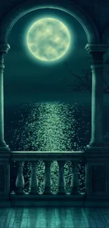 Moonlit balcony with ocean reflections under a full moon sky.