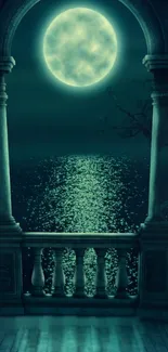 Moonlit balcony overlooking tranquil water with full moon.