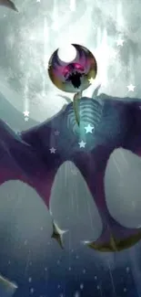 Fantastical bat soaring under a full moon, casting an enchanting night sky.