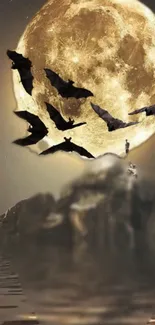 Bats flying across a full moon over water.