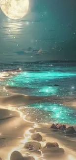 Mystical moonlit beach with glowing turquoise waters and sand.