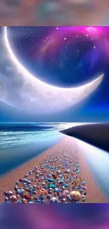 Crescent moon over a vibrant night sky and beach with colorful stars.